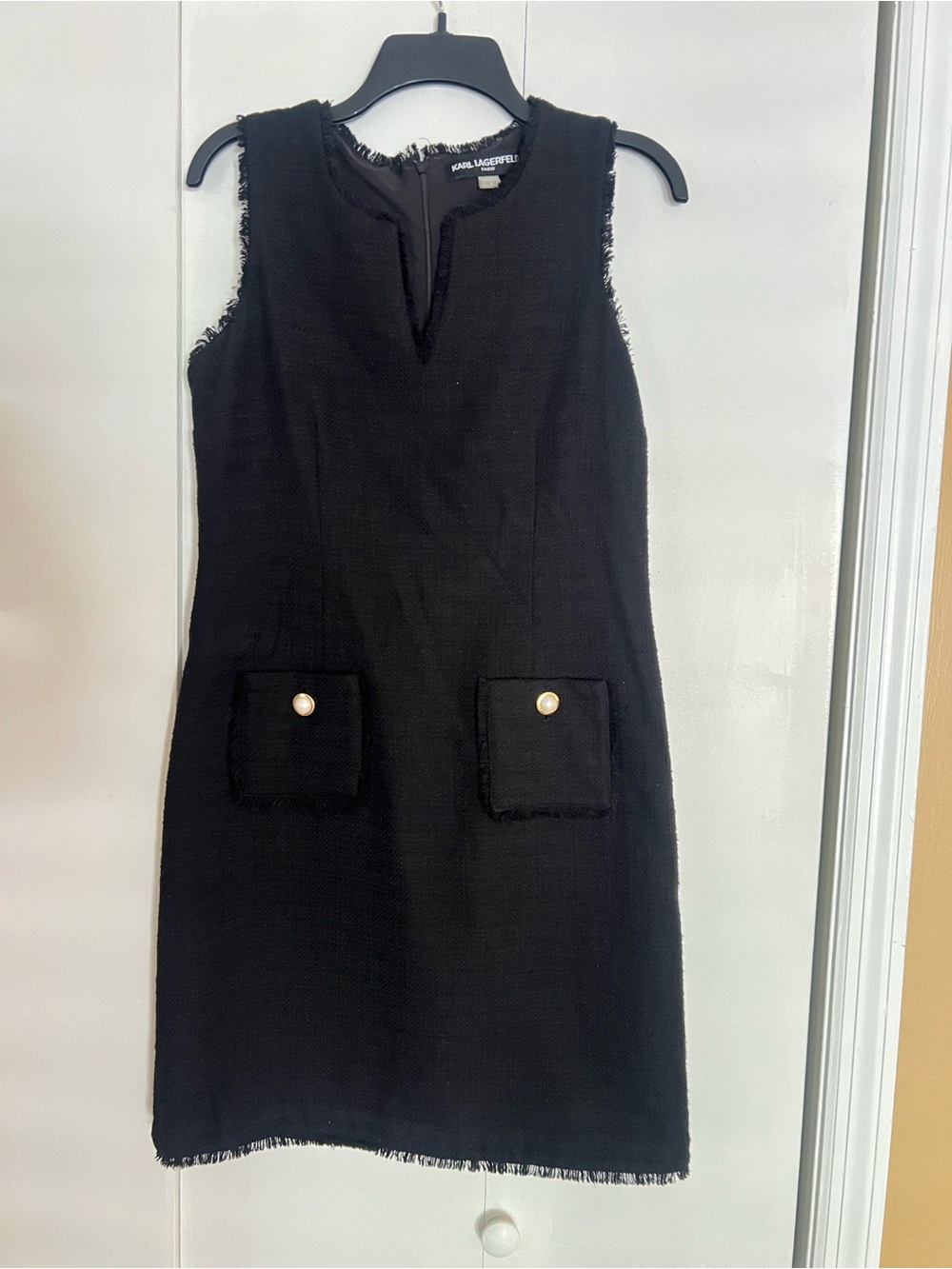 Karl Lagerfeld Black Sleeveless Tweed Shift Dress with Pearl Pocket Buttons